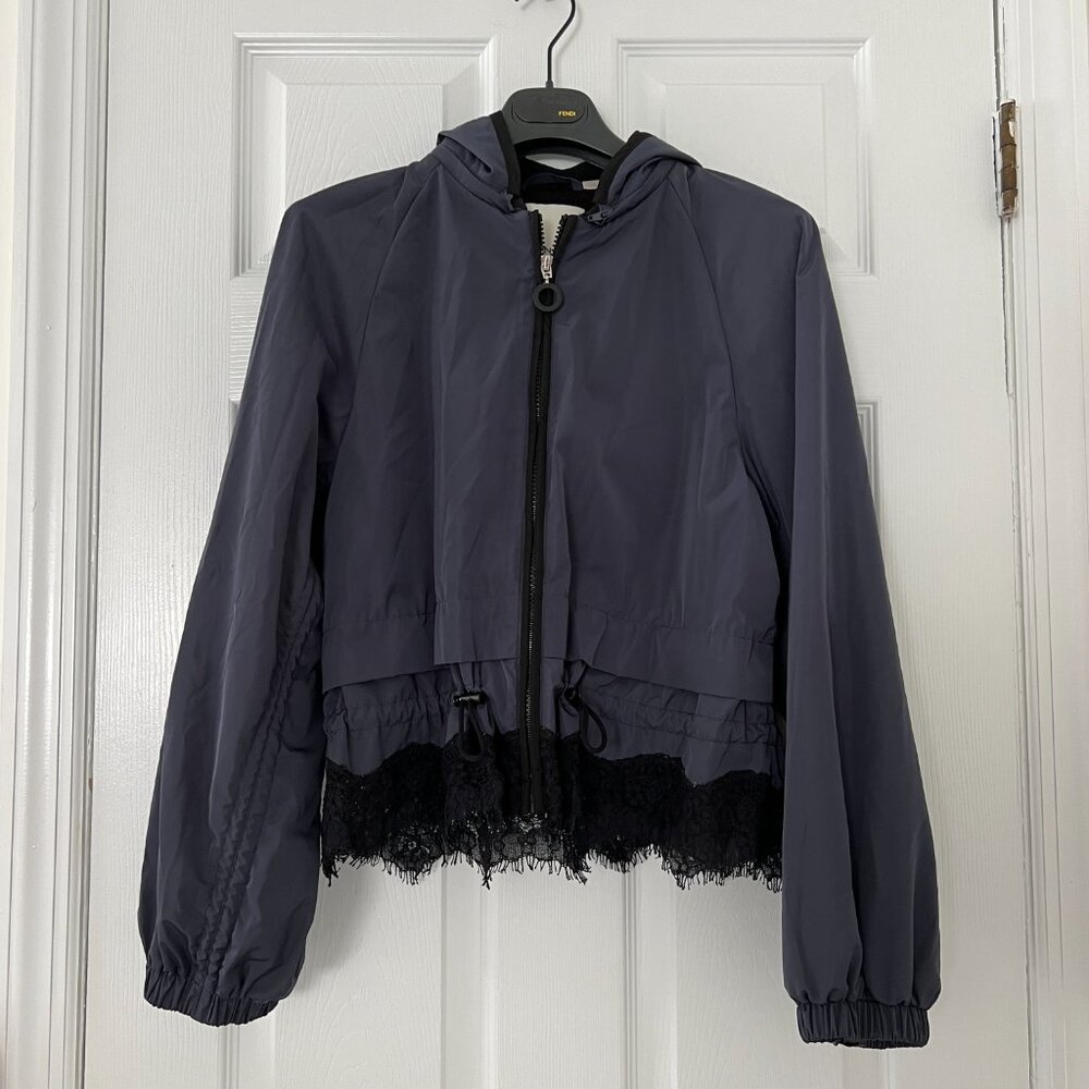 Pinko Hooded Rain Jacket Lace Trim Eccellere Zip Balloon Sleeve Dark Blue Size 6